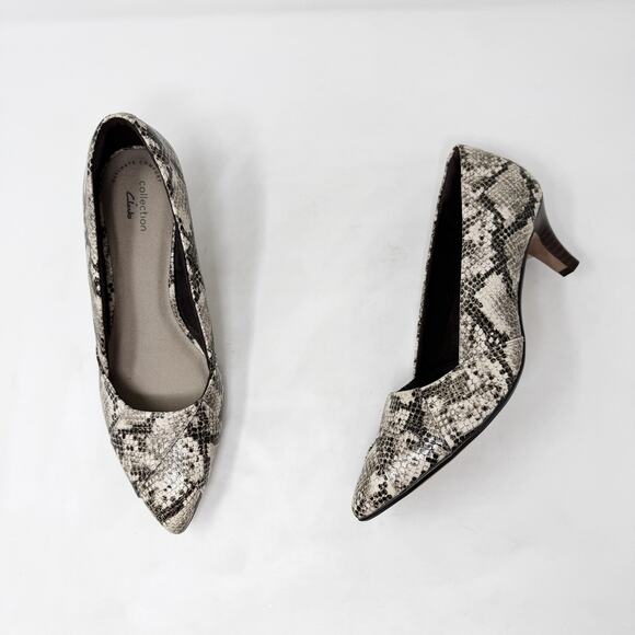 [Clarks] Taupe Snake Print Pointed Toe Low Kitten Heels Comfort Cushioned Sz 10 - Picture 5 of 12